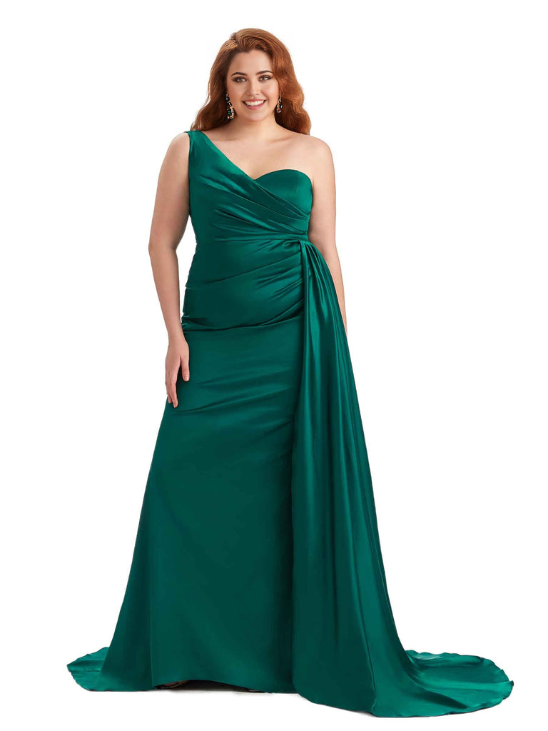 Sexy One Shoulder Sleeveless Mermaid Soft Satin Long Plus Size With Train Bridesmaid Gowns