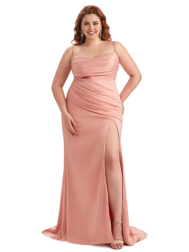 Sexy Side Slit Spaghetti Straps Mermaid Soft Satin Long Plus Size Bridesmaid Dress For Wedding