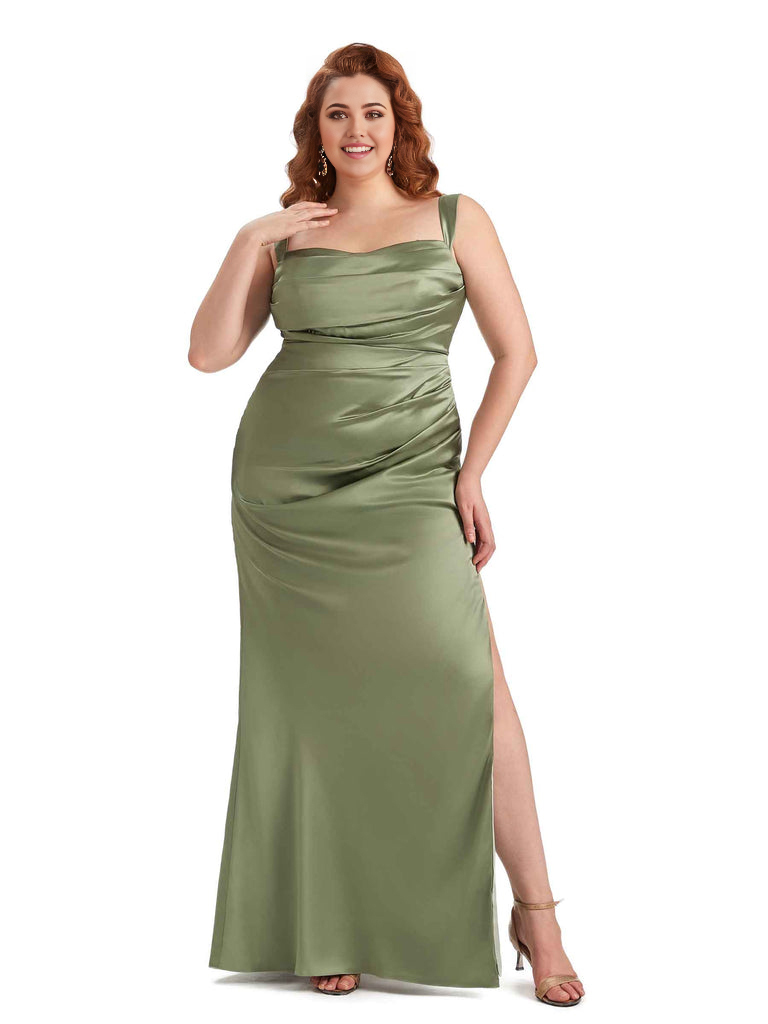 Sexy Side Slit Mermaid Wide Straps Soft Satin Long Plus Size Maid of Bridesmaid Dresses