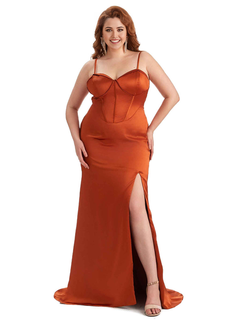 Sexy Spaghetti Straps Side Slit Sleeveless Mermaid Soft Satin Long Bridesmaid Dress Plus Size Dress To Wear to a Wedding