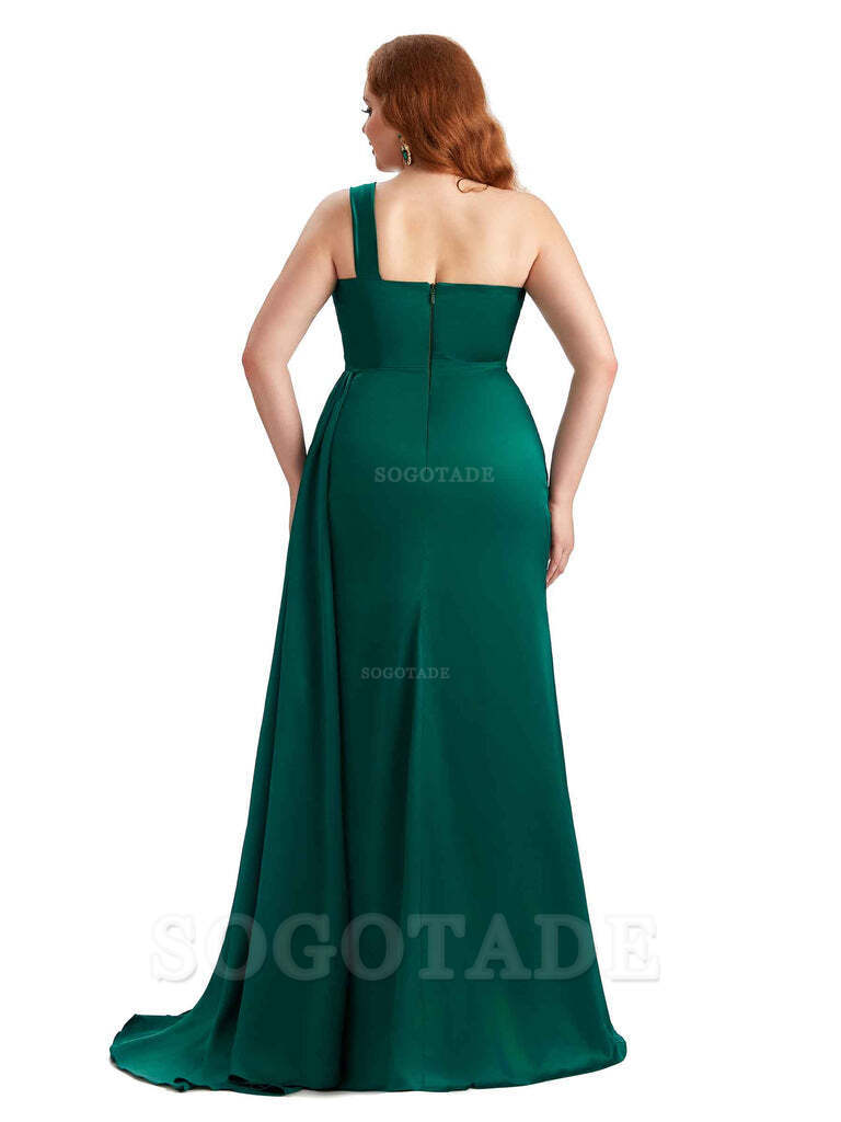  One Shoulder Sleeveless Sexy Side Hight Slit Mermaid Soft Satin Long Plus Size Bridesmaid Gowns