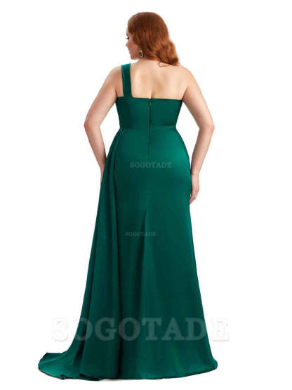  One Shoulder Sleeveless Sexy Side Hight Slit Mermaid Soft Satin Long Plus Size Bridesmaid Gowns