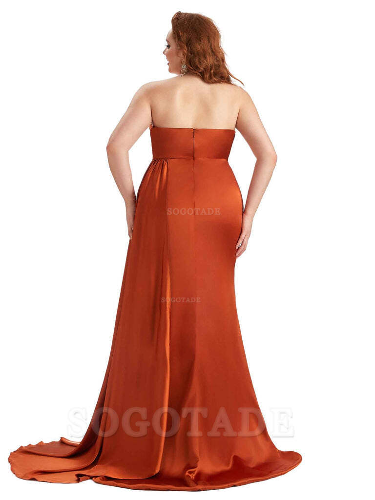 Sexy V-neck Side Slit Sleeveless Mermaid Soft Satin Long Plus Size Bridesmaid Gowns