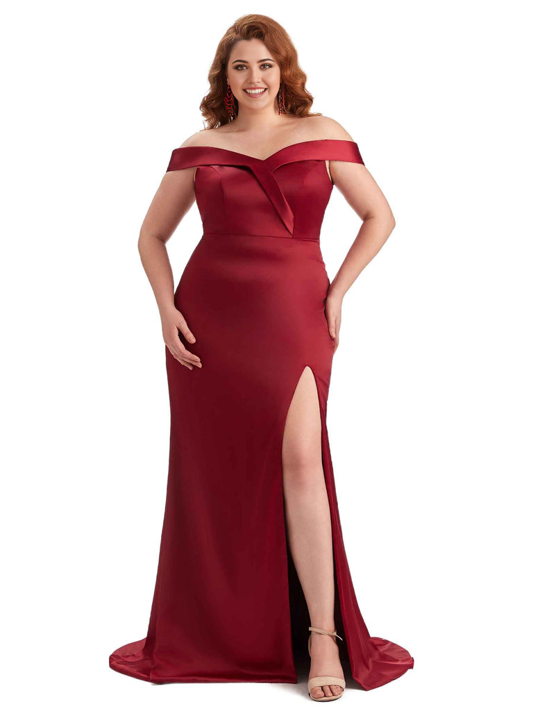 Elegant Off The Shoulder Sleeveless Side Slit Mermaid Soft Satin Long Plus Size Bridesmaid Gowns