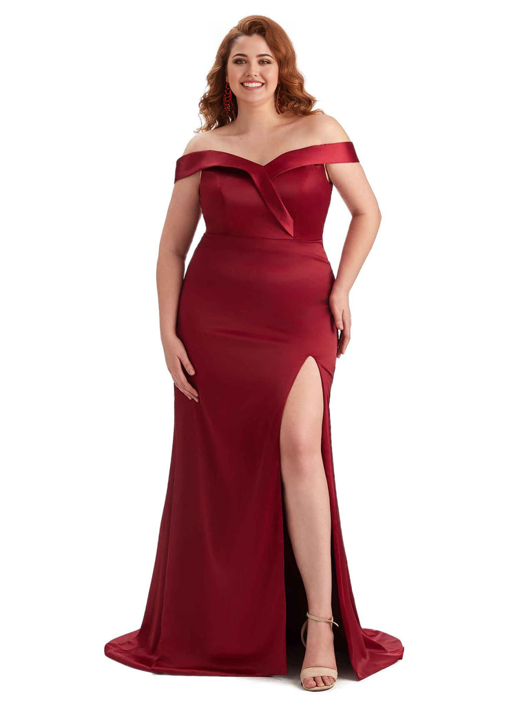 Elegant Off The Shoulder Sleeveless Side Slit Mermaid Soft Satin Long Plus Size Bridesmaid Gowns