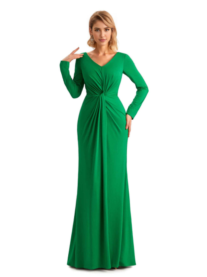 Elegant Simple Mermaid Pleats V-neck Long-Sleeves Floor Length Long Formal Bridesmaid Dresses
