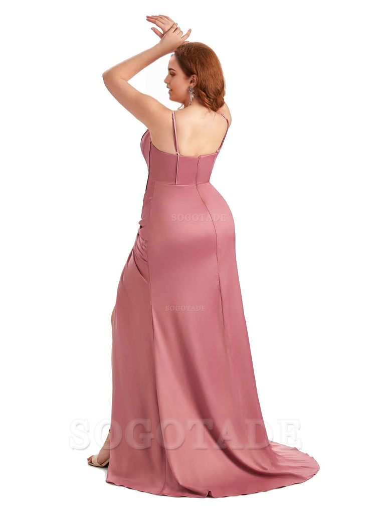 Sexy Spaghetti Straps Side Slit Mermaid Soft Satin Pleated Floor Length Long Plus Size Bridesmaid Dress