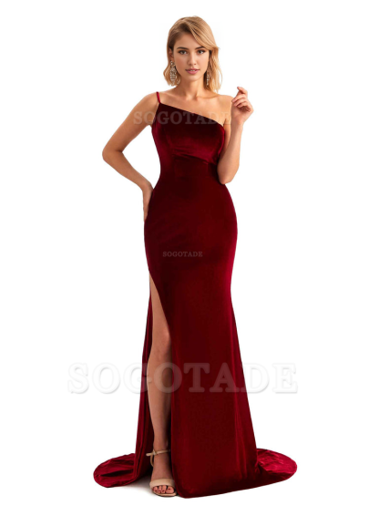 Sexy Side Slit Mermaid Spaghetti Straps One Shoulder Formal Velvet Long Bridesmaid Dresses