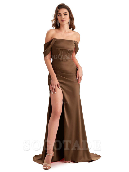 Sexy Side Slit Mermaid Soft Satin Off The Shoulder Unique Long Wedding Attendee Dresses