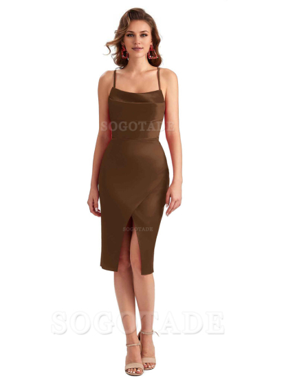 Elegant Spaghetti Straps Mermaid Soft Satin Knee Length Short Bridesmaid Dresses