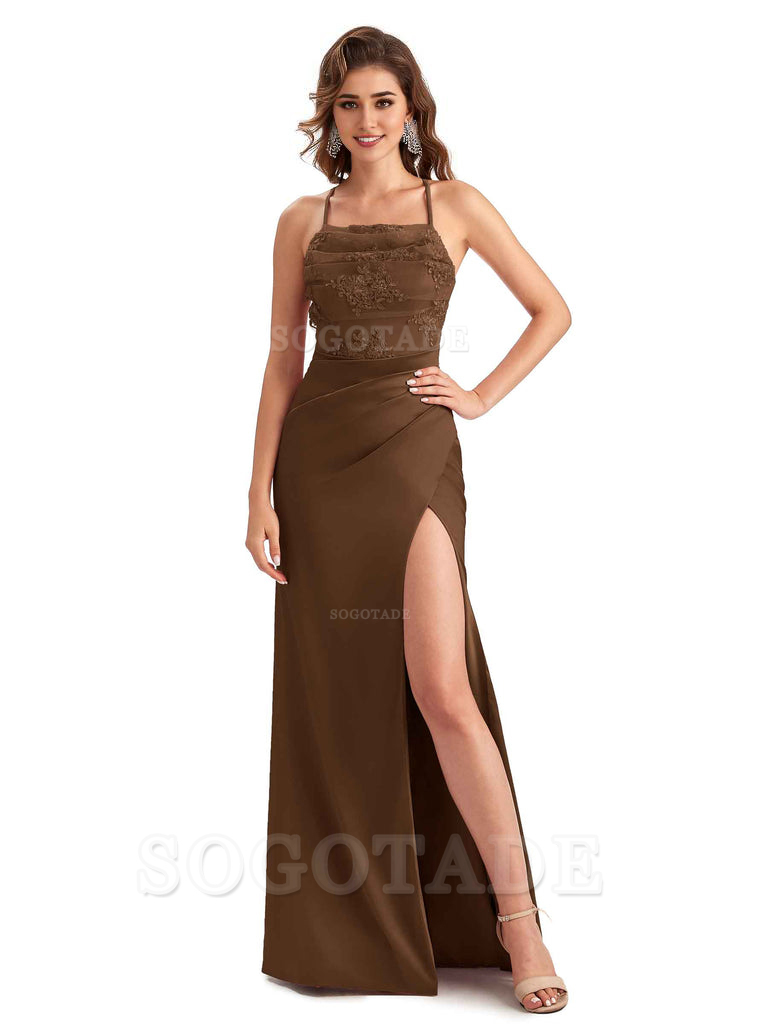 Sexy Side Slit Mermaid Lace Silky Satin Long Wedding Day Guest Dresses