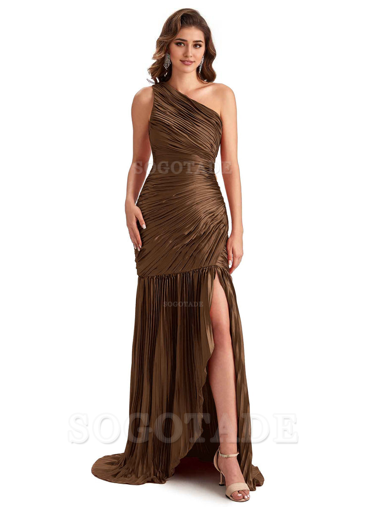 Sexy Side Slit Mermaid Soft Satin One Shoulder Long Ladies Bridesmaid Dresses Online