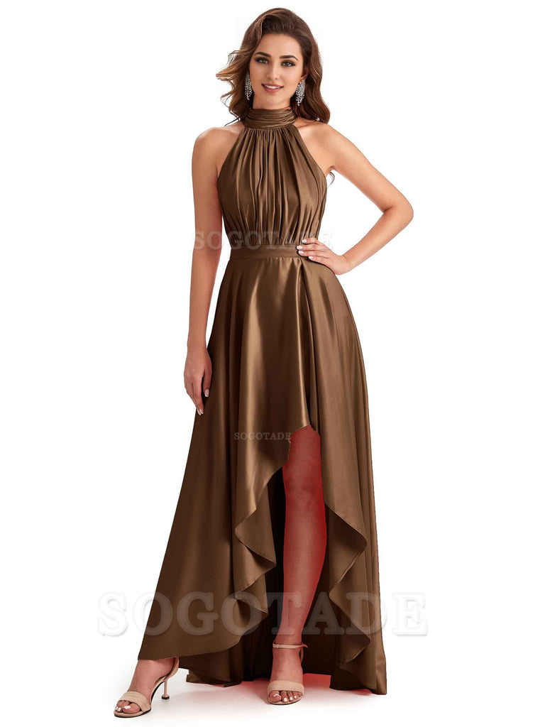 Soft Satin High Neck High Low A-Line Unique Bridesmaid Dresses Online