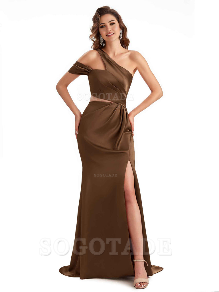 Sexy Side Slit Mermaid Soft Satin One Shoulder Long Unique Bridesmaid Dresses