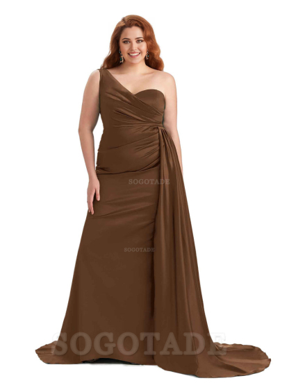 Sexy One Shoulder Sleeveless Mermaid Soft Satin Long Plus Size With Train Bridesmaid Gowns