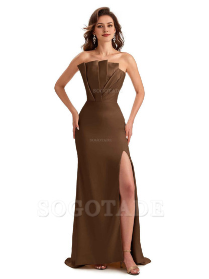 Unique Soft Satin Side Slit Asymmetrical Neckline Mermaid Long Bridesmaid Dresses