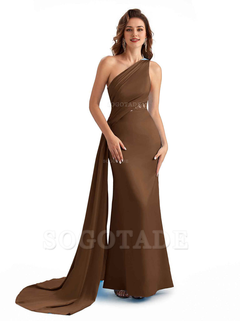 Sexy Mermaid Silky Satin One Shoulder Lace See Through Long Bridesmaid Dresses Online