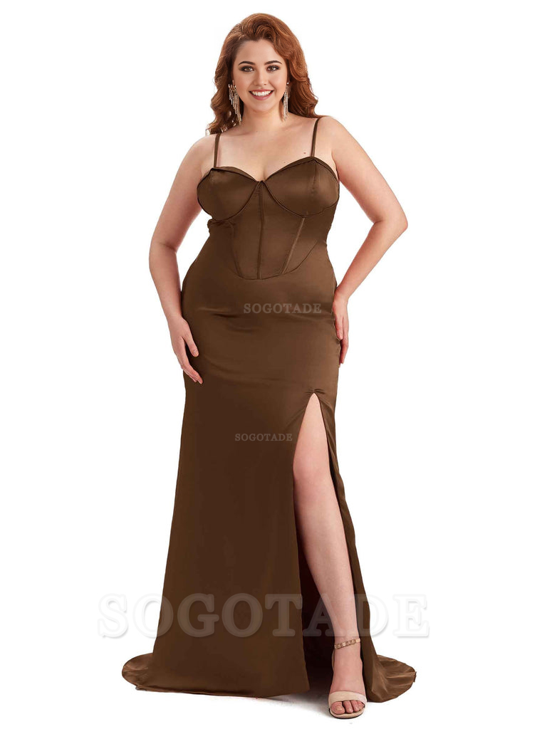 Sexy Spaghetti Straps Side Slit Sleeveless Mermaid Soft Satin Long Bridesmaid Dress Plus Size Dress To Wear to a Wedding