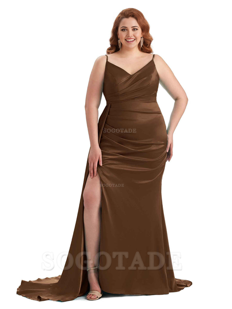 Sexy Side Slit Mermaid Spaghetti Straps V Neck Soft Satin Long Plus Size Maid of Honor Dresses 
