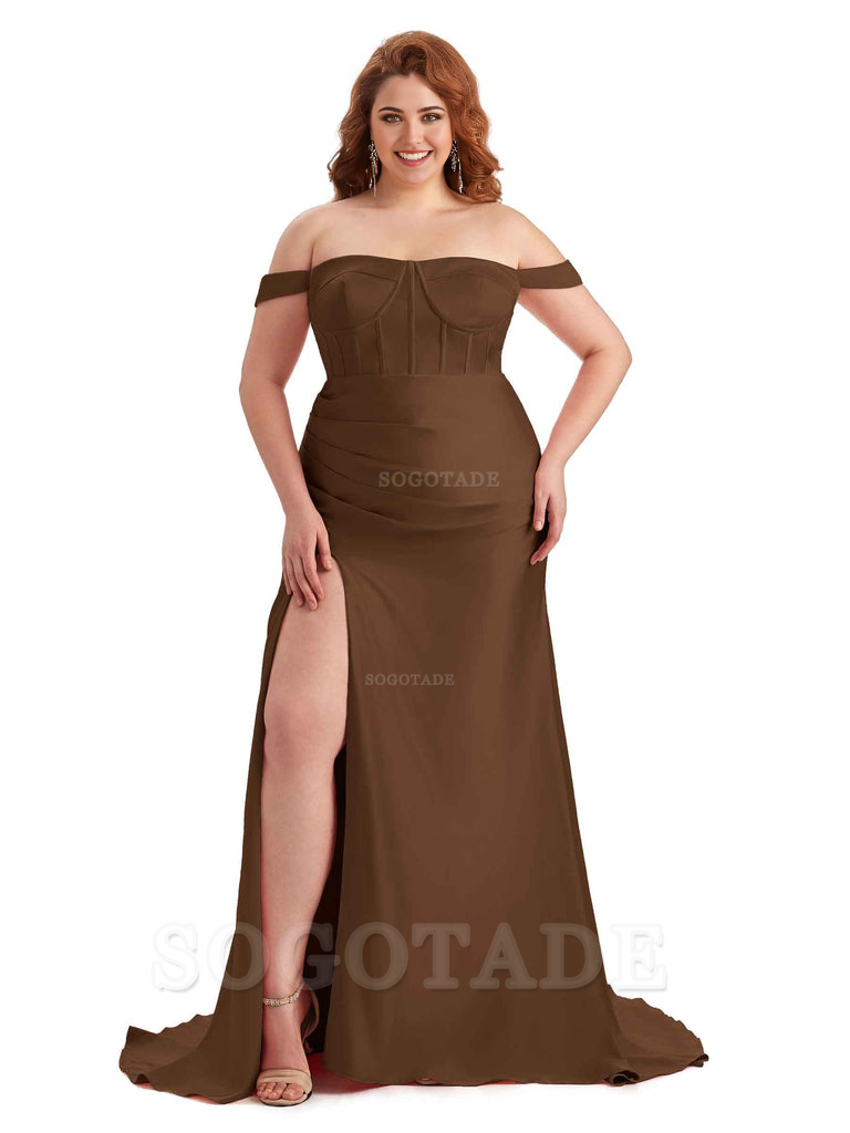 Elegant Off The Shoulder Side Slit Mermaid Soft Satin Floor Length Long Plus Size Bridesmaid Gowns