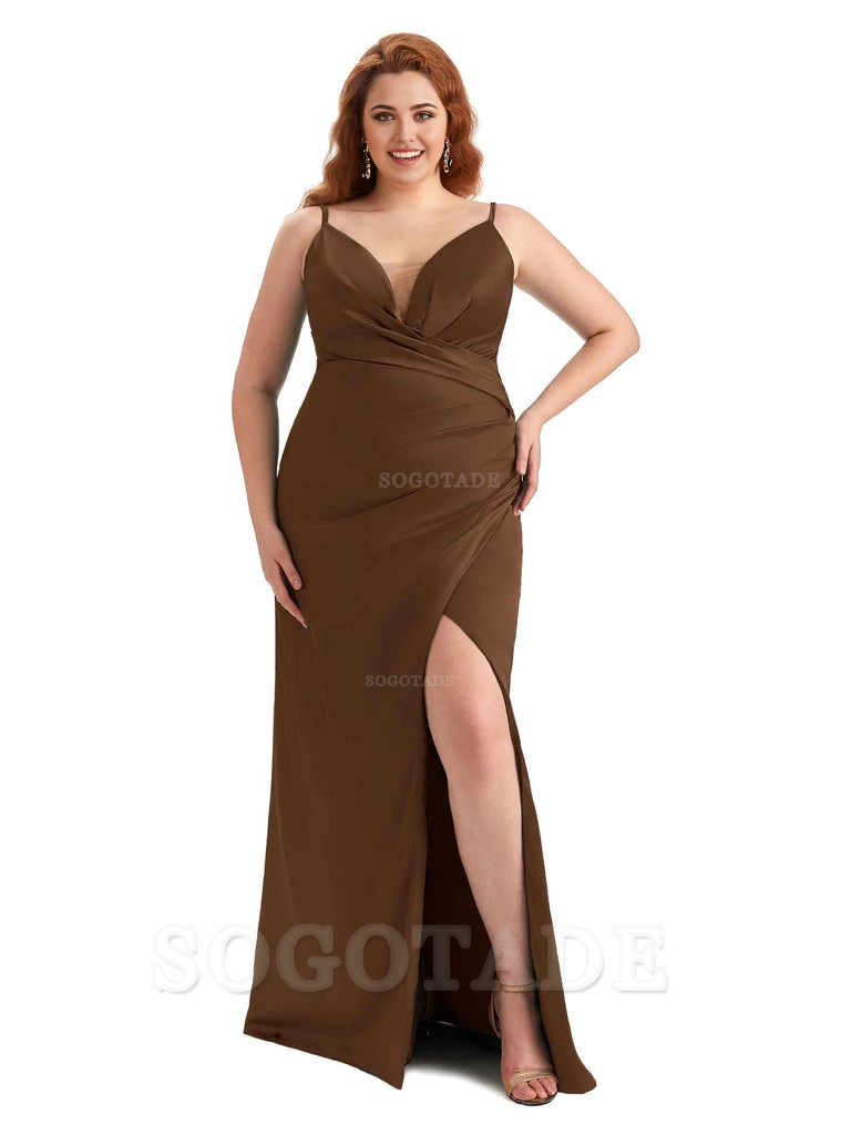 Sexy Side Slit Spaghetti Straps Sleeveless Mermaid V-neck Soft Satin Long Plus Size Bridesmaid Dress For Wedding
