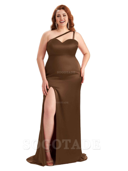Sexy Side Slit Sleeveless Mermaid One Shoulder Soft Satin Long Plus Size Bridesmaid Dress For Wedding
