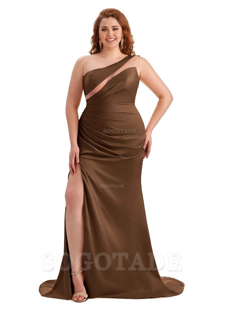 Sexy Unique Sleeveless One Shoulder Side Hight Slit Mermaid Soft Satin Long Plus Size Maid of Honour Dresses