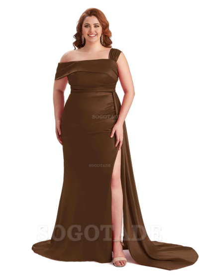Sexy Side Hight Slit One Shoulder Mermaid Soft Satin Long Plus Size With Train Matron of Honor Dresses