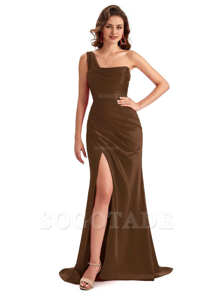 Sexy One Shoulder Side Slit Silky Satin Chic Long Mermaid Trumpet Bridesmaid Dress