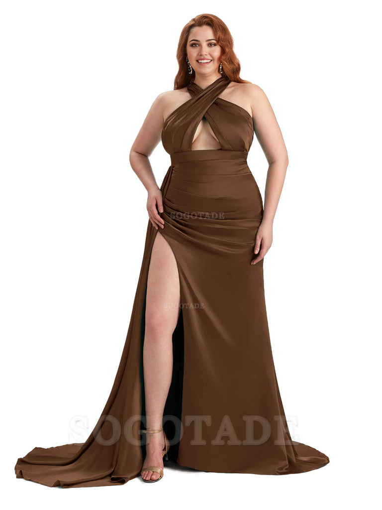 Sexy Halter Side Hight Slit Sleeveless Mermaid Soft Satin Long Plus Size Bridesmaid Dress For Wedding