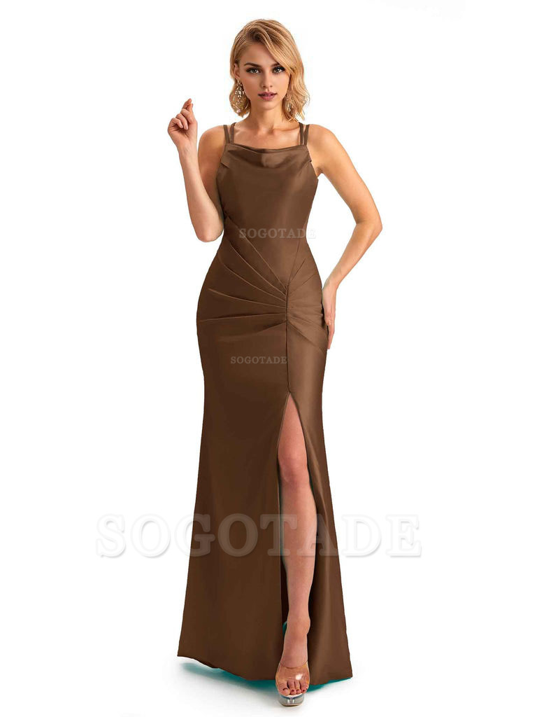 Soft Satin Spaghetti Straps Side Slit Long Unique Mermaid Beautiful Dresses For Wedding