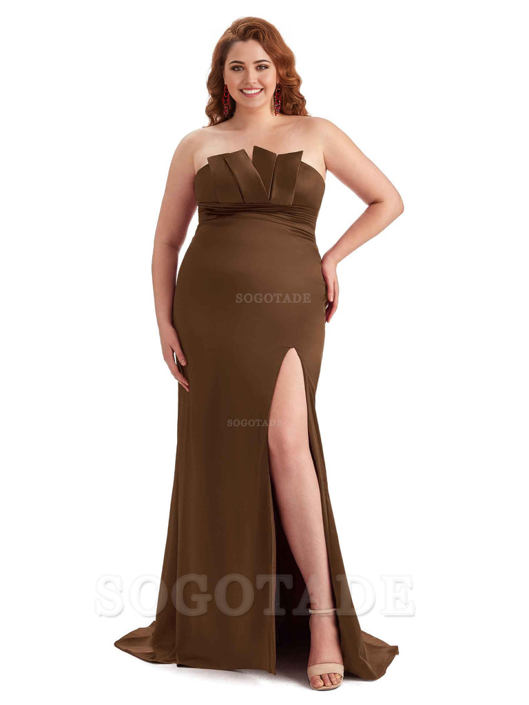 Sexy Side Slit Sleeveless Mermaid Soft Satin Long Plus Size Wedding Party Dresses For Wedding