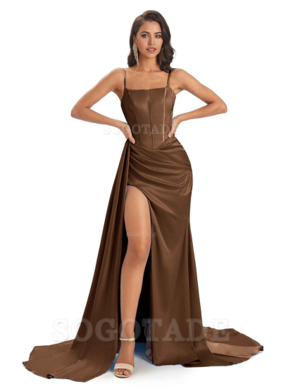 Spaghetti Straps Floor-Length Satin formal dresses evening gown Bridesmaid Dresses With Side Slit 