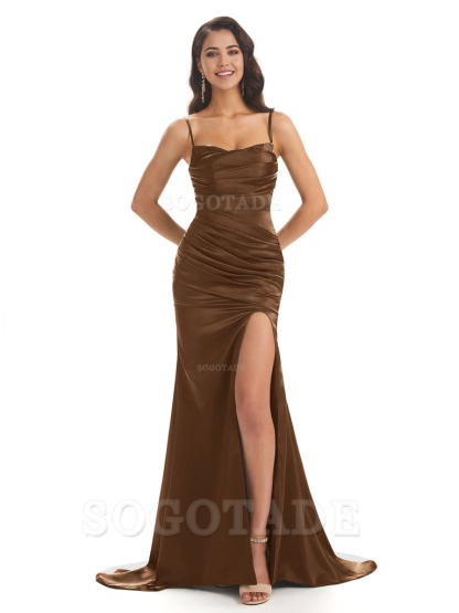 Mermaid Spaghetti Straps Satin Side Slit formal dresses evening gown Bridesmaid Dresses