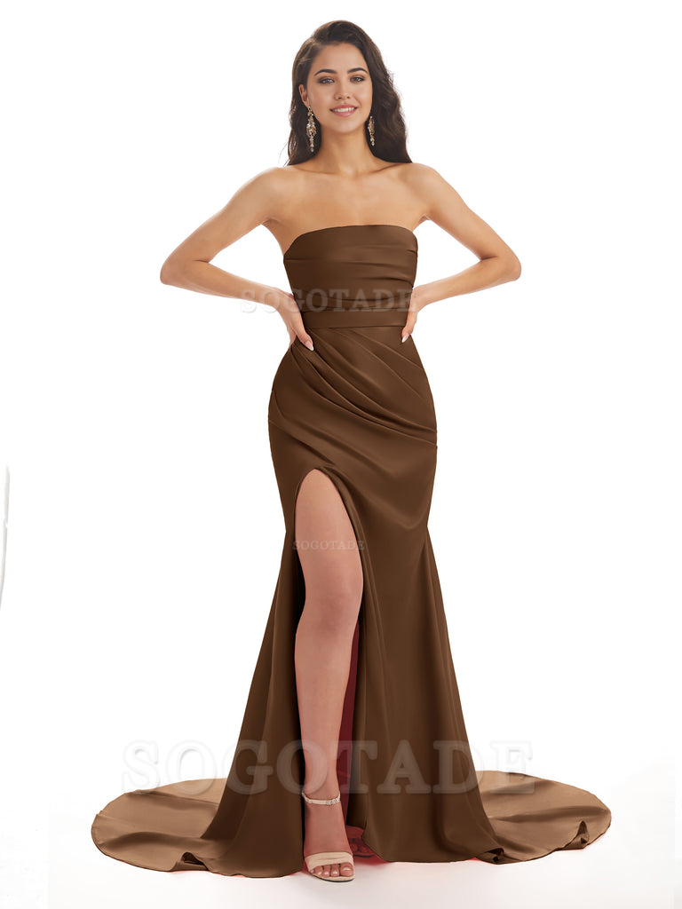Mermaid Strapless Floor-Length Satin formal dresses evening gown Bridesmaid Dresses With Side Slit 