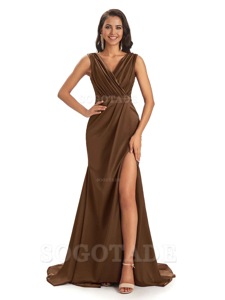 A-line V-neck Floor-Length Satin formal dresses evening gown Bridesmaid Dresses With Side Slit 