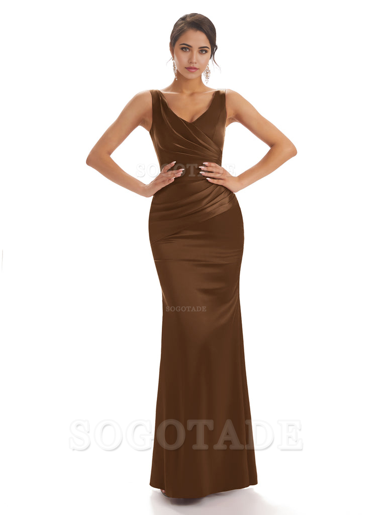 Sheath Sleeveless V-neck Floor-Length Satin formal dresses evening gown Bridesmaid Dresses With Pleats 