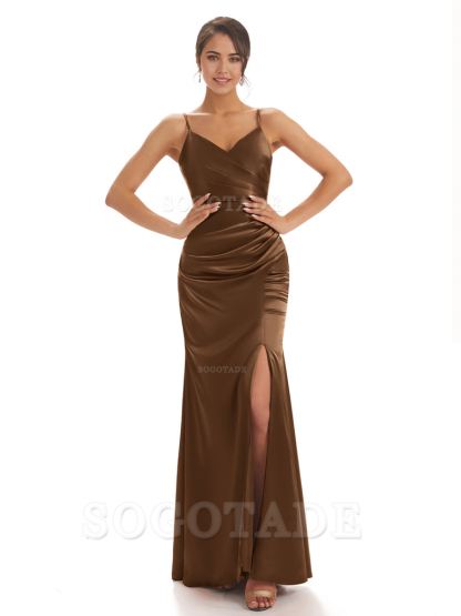 Spaghetti Straps Pleats Satin formal dresses evening gown Bridesmaid Dresses With Side Slit 