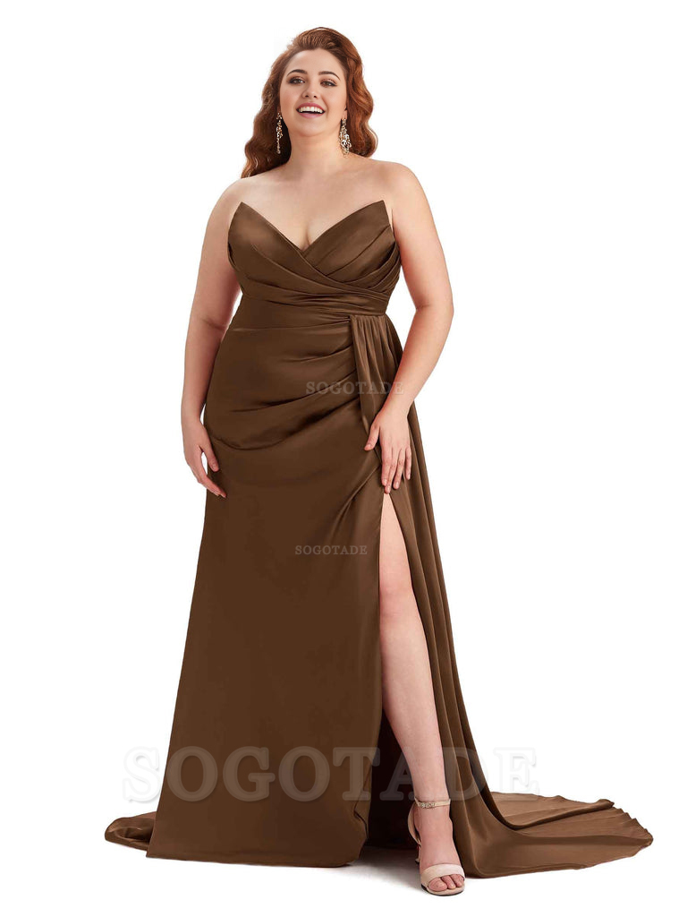 Sexy V-neck Side Slit Sleeveless Mermaid Soft Satin Long Plus Size Bridesmaid Gowns