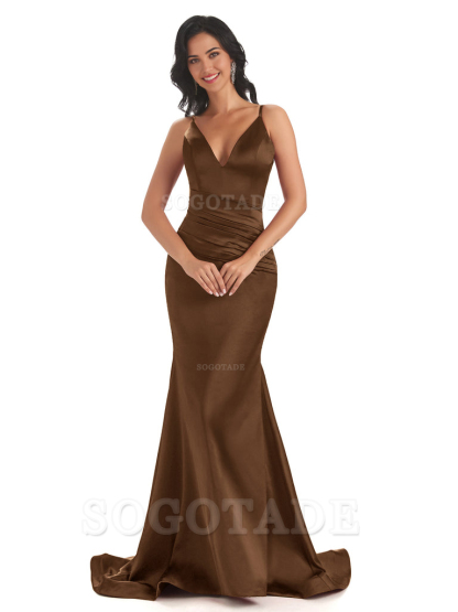 Mermaid Spaghetti V-Neck Straps Satin Long formal dresses evening gown Bridesmaid Dresses With Side Slit 
