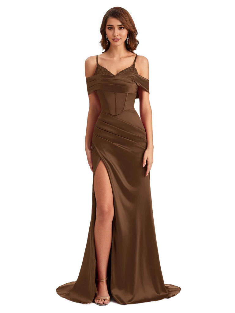  Sexy Side Slit Mermaid Silky Satin V-Neck Cold Shoulder Unique Nice Wedding Guest Dresses