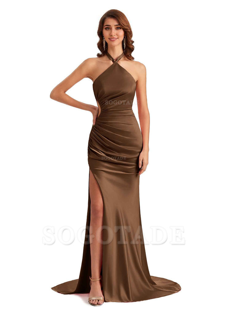 Sexy Halter Mermaid Silky Satin Unique Long Formal Wedding Guest Dresses