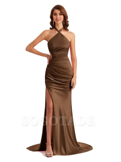 Sexy Halter Mermaid Silky Satin Unique Long Formal Wedding Guest Dresses