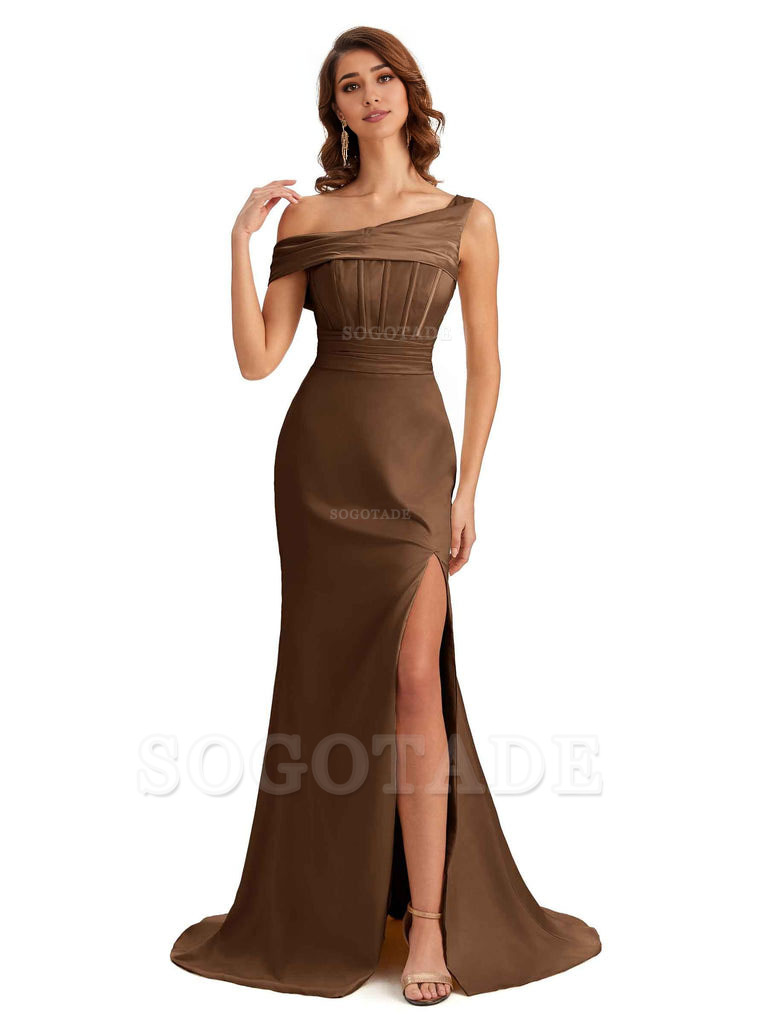 Elegant Asymmetrical Neck Soft Satin Side Slit Long Mermaid Bridesmaid Dresses