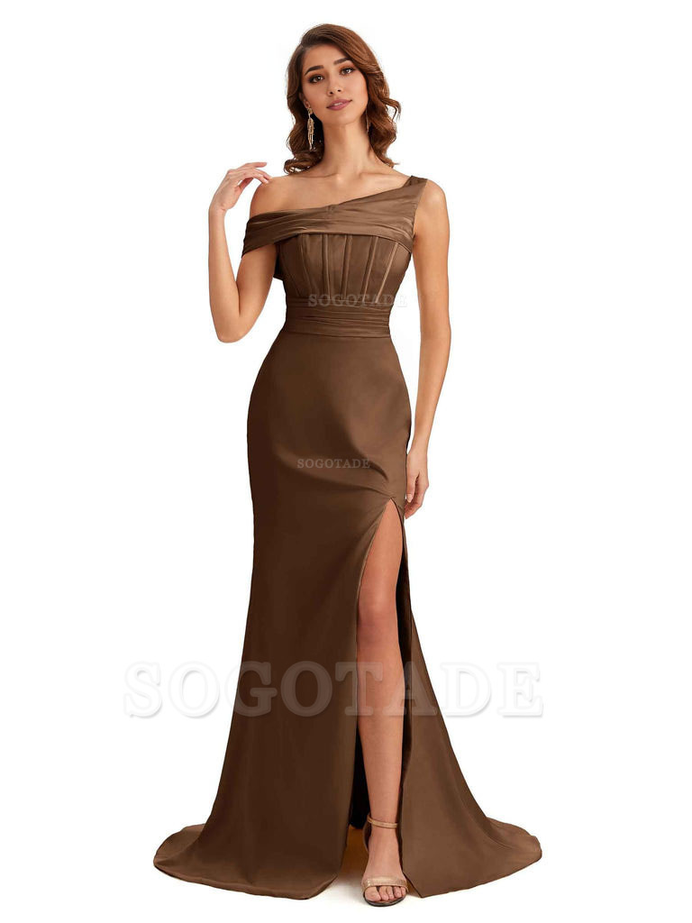 Elegant Asymmetrical Neck Soft Satin Side Slit Long Mermaid Bridesmaid Dresses