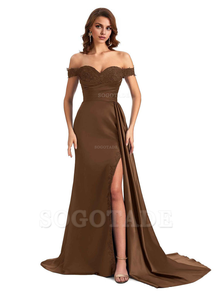 Sexy Off The Shoulder Mermaid Side Slit Silky Satin Long Bridesmaid Dress For Wedding