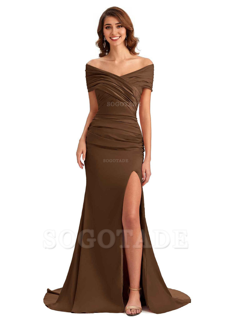 Sexy Off The Shoulder Side Slit Mermaid Satin Unique Long Formal Wedding Guest Dresses