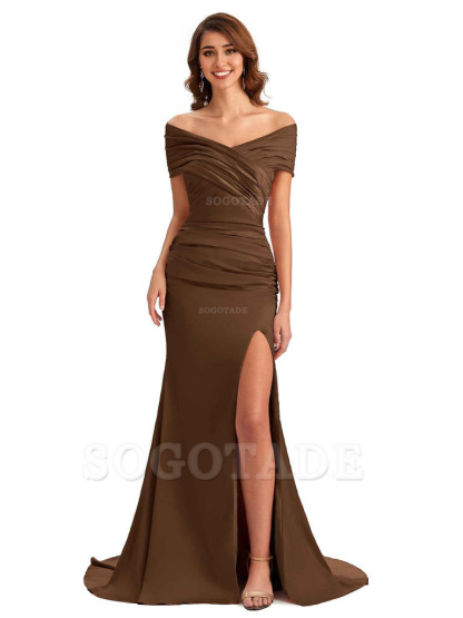Sexy Off The Shoulder Side Slit Mermaid Satin Unique Long Formal Wedding Guest Dresses