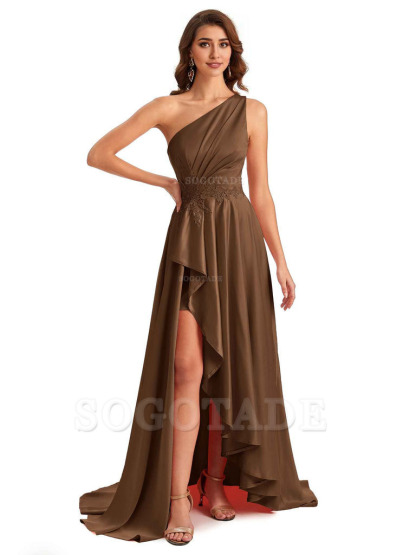 Sexy One Shoulder A-Line High Low Silky Satin Lace Long Formal Wedding Guest Dresses