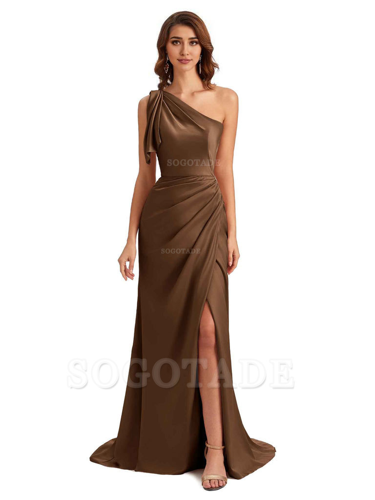 Sexy One Shoulder Mermaid Side Slit Unique Silky Satin Bridesmaid Dresses 